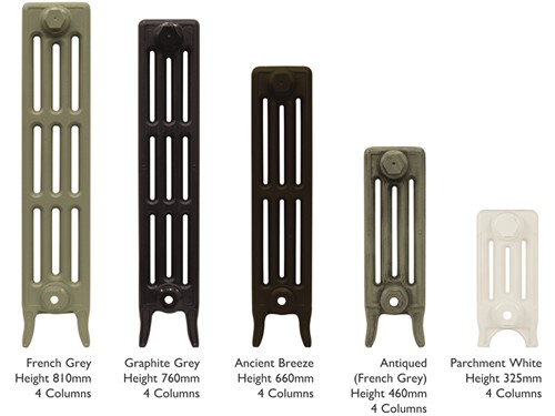 Victorian 4 column cast iron radiator heights in various paint colours