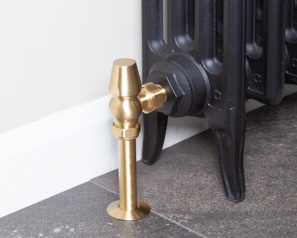 Kingsgrove Angled Thermostatic Radiator Valve Brushed Brass Lacquered Installed 2
