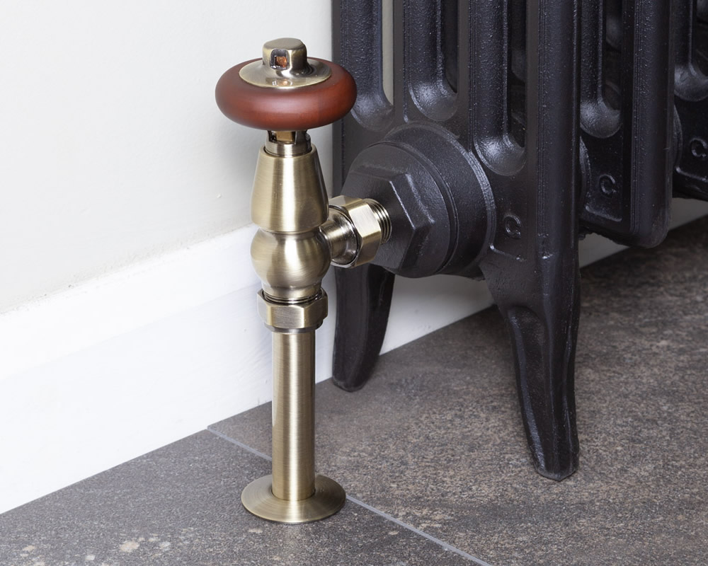 Kingsgrove Angled Thermostatic Radiator Valve Antique Brass Lacquered Installed