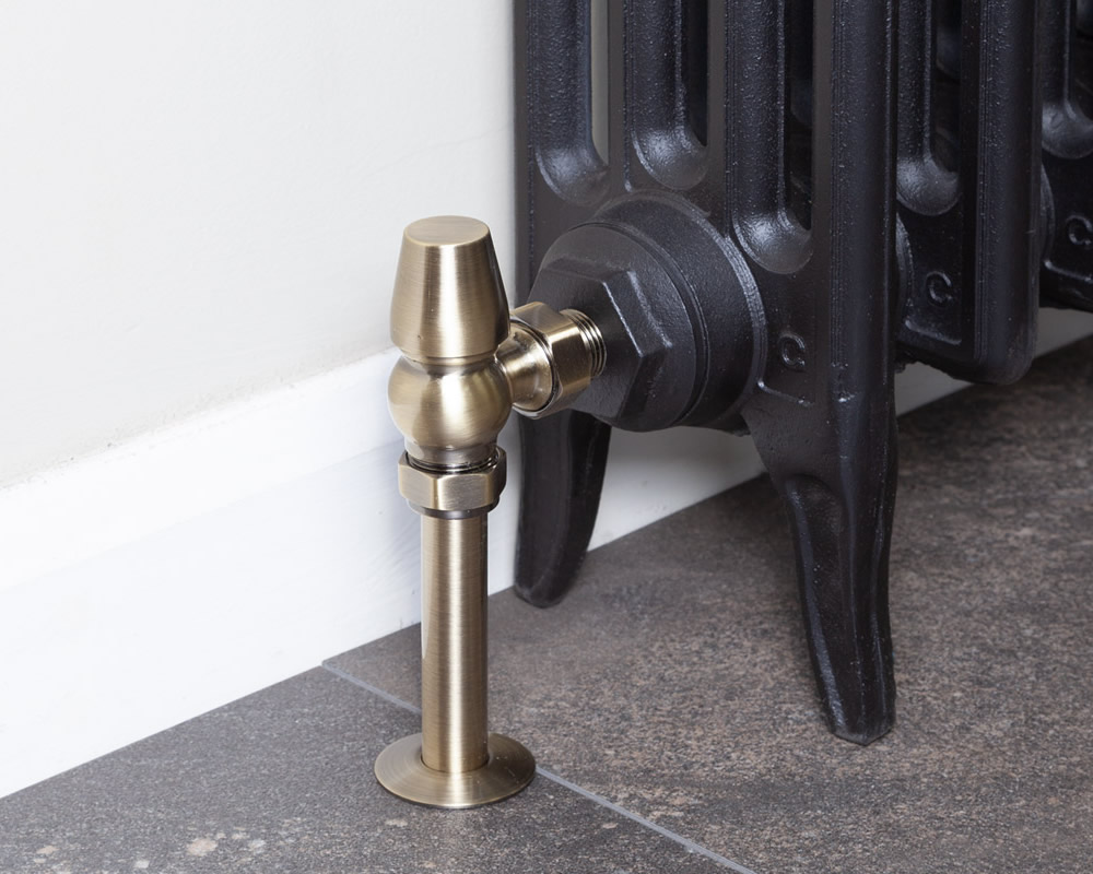 Kingsgrove Angled Thermostatic Radiator Valve Antique Brass Lacquered Installed 2