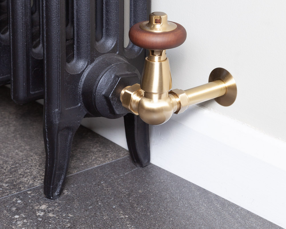 Kingsgrove Corner Thermostatic Radiator Valve Brushed Brass Lacquered Installed