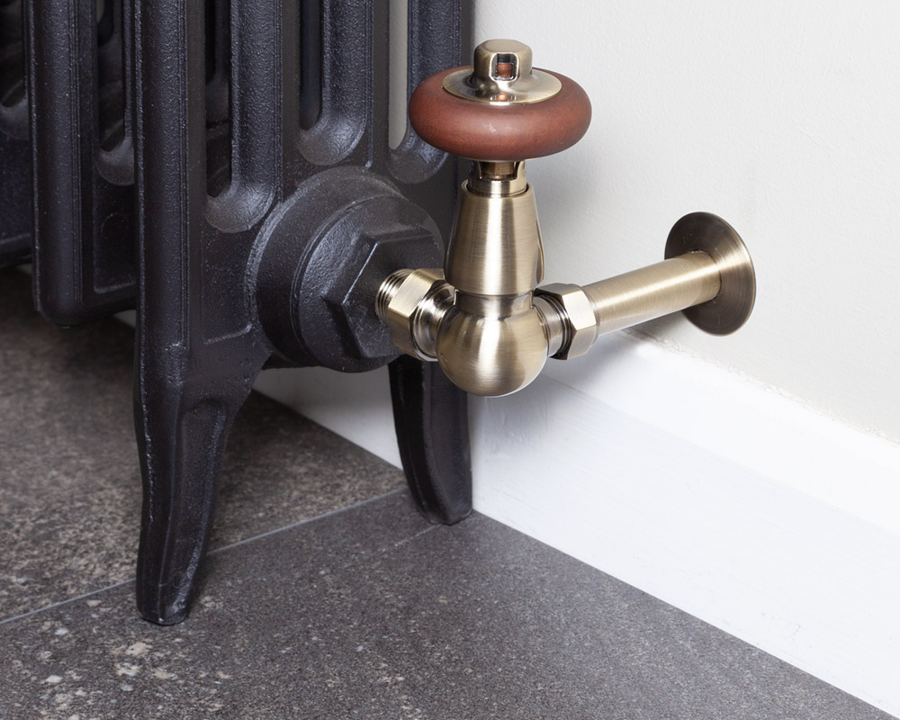 Kingsgrove Corner Thermostatic Radiator Valve Antique Brass Lacquered Installed