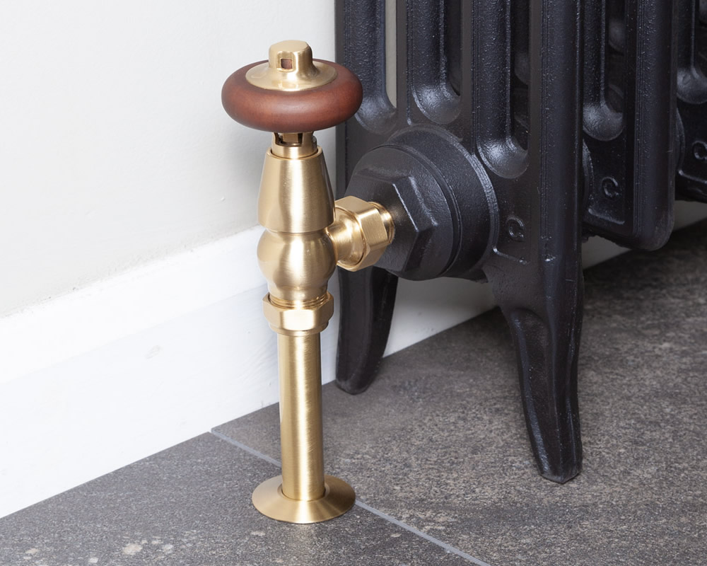 Kingsgrove Angled Thermostatic Radiator Valve Brushed Brass Lacquered Installed