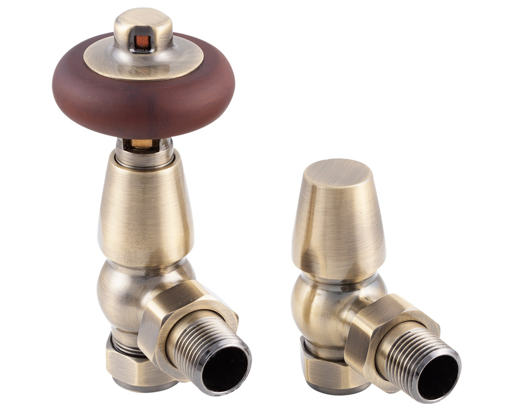 Kingsgrove Angled Thermostatic Radiator Valve Antique Brass Lacquered